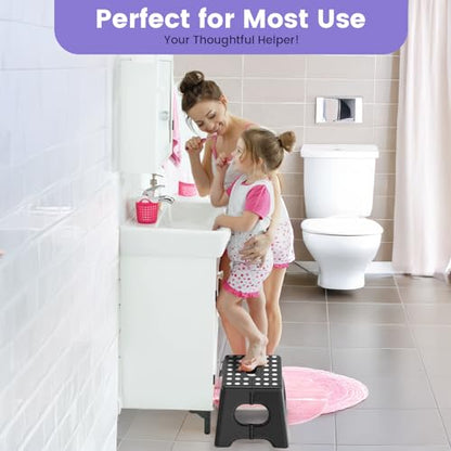 HBTower Folding Step Stool 9 Inch - Holds 600 lb, Non-Slip Surface & Carry Handle - Sturdy Step Stool for Kids, Toddlers & Adults - Compact Foldable Foot Stool for Kitchen, Bathroom, Bedroom, Outdoor - color: Black