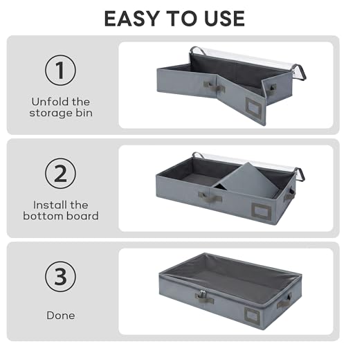 4" Low Profile Under Bed Storage Bins (2-Pack, Grey), Slim 600D Oxford Fabric Clothes Organizer Box with Reinforced Leather Handles, Sturdy Clear Lid - size: 4-Inch (2-PACK) - Slim