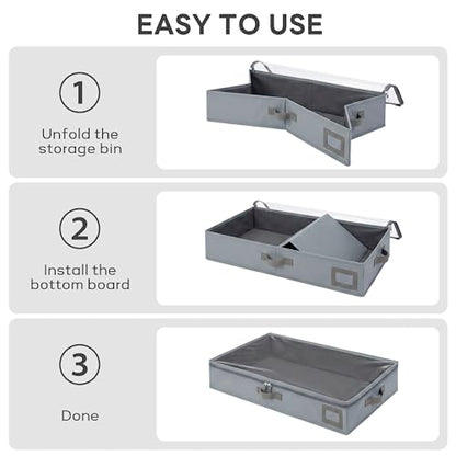 4" Low Profile Under Bed Storage Bins (2-Pack, Grey), Slim 600D Oxford Fabric Clothes Organizer Box with Reinforced Leather Handles, Sturdy Clear Lid - size: 4-Inch (2-PACK) - Slim