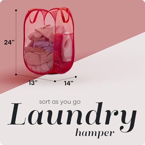 Handy Laundry Collapsible Mesh Pop Up Laundry Hamper with Side Pocket – Breathable, Space-Saving, Durable Basket for Clothes, Toys, Travel & Storage, 14 x 13 x 24 in, Red - color: Red