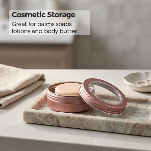 2 oz (60ml) Rose Gold Aluminum Tins with Clear Lids and Labels, 24 Pack | Clear View Lid, Secure Packaging, Tight Screw Lids, Includes Blank Labels, 11 Color Options - color: Rose Gold