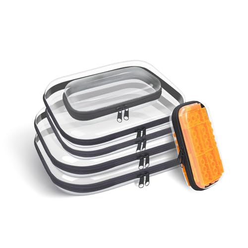 Clear Hard Plastic Zipper Case,Transparent Double Zippers Hard Pouch with 6pcs,Portable Travel Organizer Bin for Toy Storage - color: 6pcs-BK-LMS