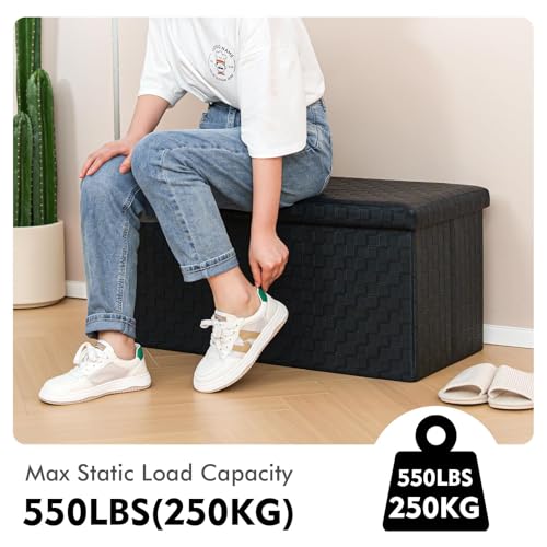 B FSOBEIIALEO Folding Storage Ottoman, Faux Leather Footrest Seat Long Bench Chest, Black 30"x15"x15" - color: Black, size: Large