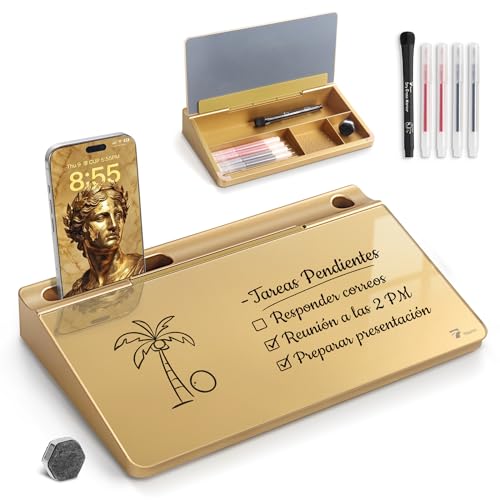 TOWON Small Compact Glass Desktop Whiteboard with Storage – 12 x 7 in Dry Erase Board for Desk, Home Office, School | Includes 5 Markers, Eraser & Holder | Space-Saving Organizer, Metallic Gold - color: Gold