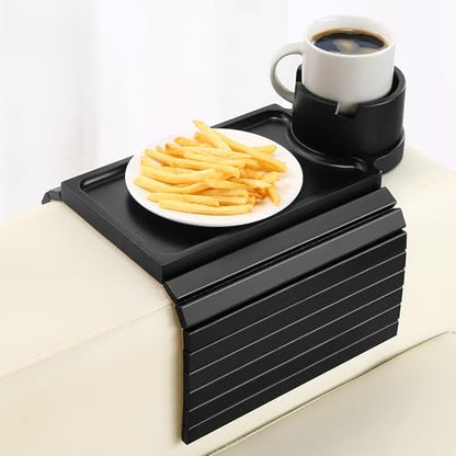 SINWANT Couch Cup Holder Tray,Foldable Sofa Arm Clip on Tray Table with 360° Rotation Cup Holder,Bamboo Anti-Slip Couch Armrest Table for Coffee Cup,Water Bottles,Mug,Snacks,Remote on Large Armrest - color: Black