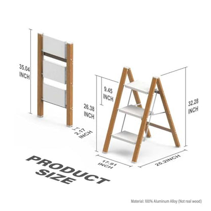 3 Step Ladder, Folding Aluminum Step Stool with Anti-Slip Wide Steps for Adults, Ideal for Kitchen, Closet, Bedroom, 330 lbs Capacity (Woodgrain) (Light Woodgrain, 3 Step) - color: Light Woodgrain