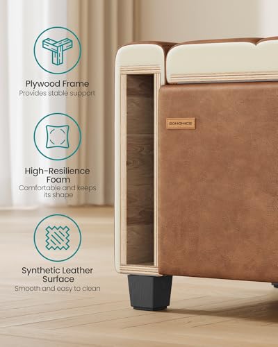 SONGMICS Storage Ottoman, Storage Chest Bench with Legs, End of Bed Bench with Safety Hinges, Pull Tab, for Living Room, Bedroom, 19.7 x 47.6 x 16.5 Inches, Synthetic Leather, Coffee Brown ULOM521KQ01 - color: Coffee Brown, style: Modern
