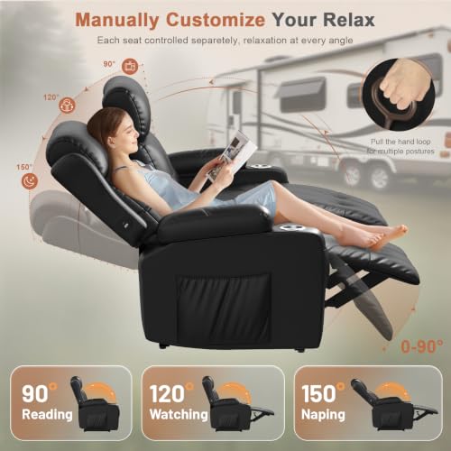 RV Loveseat Recliner Sofa, Wall Hugger Massage Reclining RV Couch with USB, Insert Pockets, Cup Holders, 150° RV Recliners Sleeper Sofas for RV Furniture & Travel Trailers & Home Theater Seating - color: Black, size: Loveseat-G1