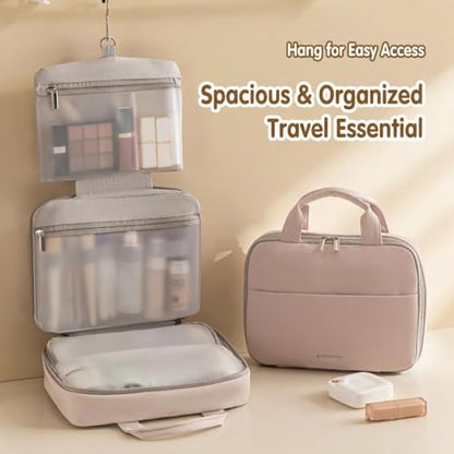Voyage Living Hanging Travel Toiletry Bag for Women, 3-Tier Makeup Organizer, Large Capacity Waterproof PU Leather Cosmetic Case, Travel Essentials (Mist Rose)