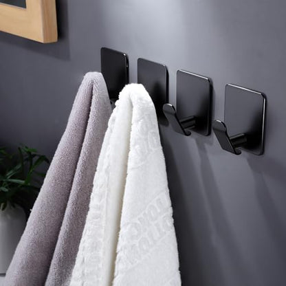 DELITON 4 Pack Adhesive Hooks - Towel Hook for Hanging Towels, Clothes and Bags, Matte Black Stainless Steel, Stick on Wall for Bathroom and Kitchen - color: Carbon Black