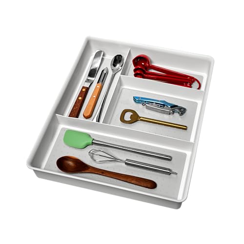 madesmart 4 Compartment Drawer Organizer, Multi Purpose Storage for Utensils, Office Tools, Cords, & Small Household Items, Tech Accessories, Arts & Crafts Supplies, Non Slip Lining, White (Pack of 6) - color: PremiumWhite, size: 4-Compartment (Pack of 6)