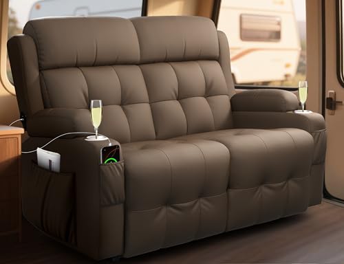 RV Loveseat Recliner Sofa, Wall Hugger with USB Port, Cup Holders & Storage Pockets, Pebbled Fabric Reclining Couch, 150° Manual Sleeper Recliners for RV Furniture & Home Theater Seating - color: Pebbled Khaki Brown, size: Loveseat-G1