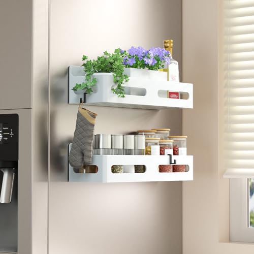 Sevenblue 2 Pack Strong Magnetic Spice Rack for Refrigerator, Multipurpose Magnetic Shelf for Fridge with 4 Hooks for kitchen and Bathroom Organization, White - color: White, size: 2 Pack