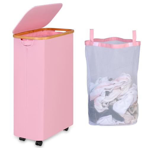 iEGrow 75L Laundry Basket with Wheels,Clothes Hamper for Laundry,Laundry Hamper with Lid and Inner Bag, for Laundry Room, Bedroom, Dormitory Storage,Pink - color: Pink, size: 75L with Wheels