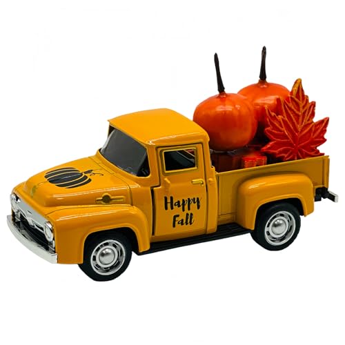 4.9″ Mini Fall Vintage Metal Pumpkin Truck Decor with Pumpkins and Maple Leaves - Fall Rustic Farmhouse Style Table Centerpiece, Thanksgiving & Autumn Havest Tiered Tray Decoration for Home Kitchen - color: Orange-pumpkin