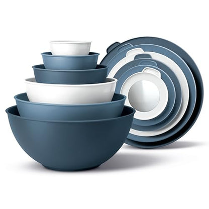 COOK WITH COLOR Mixing Bowls with Lids - 12 Piece Plastic Nesting Bowls Set includes 6 Prep Bowls, Microwave Safe Mixing Bowl Set, Blue and White TPR Lids - color: Blue and White TPR Lids