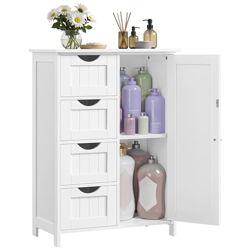 VASAGLE Storage Cabinet with Drawers, Freestanding Floor Cabinet with Door, 13.8 x 25.6 x 35.4 Inches, Adjustable Shelf, for Bathroom, Living Room, Kitchen, Cloud White ULHC042WH01S - color: Cloud White, style: 1 Door + 4 Drawers（35.4"）