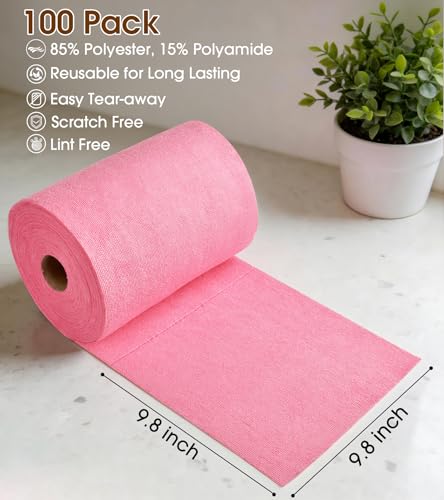 KitchLife Microfiber Cleaning Cloth Roll, 100 Pack - Tear-Away Microfiber Paper Towels, Lint-Free, Reusable, Washable for Kitchen, Car, Dishes, and Sensitive Surfaces (Pink) - color: Pink, size: 100 Pack