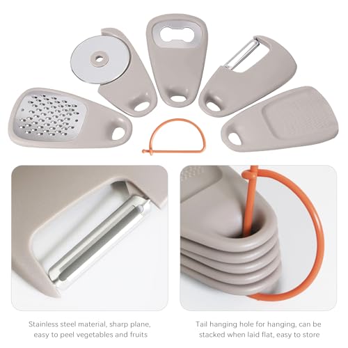 5 Pack Kitchen Gadgets Set,Cheese Grater, Bottle Opener, Fruit Vegetable Peeler, Pizza Cutter, Garlic Ginger Grinder,Stackable Cooking Tools Space Saving for Kitchen.