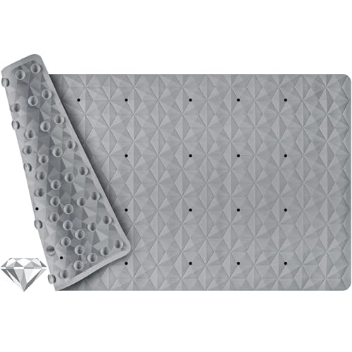 Non Slip Bathtub Mat for Bath Tub Shower - Natural Rubber Mat with 241 Suction Cups - Soft Bathroom Safety Mat - Unique Diamond Pattern - Fatigue Relief - Machine Washable - 16 × 28 Inch - color: Gray With Holes, size: 28" x 16" (Rectangular)