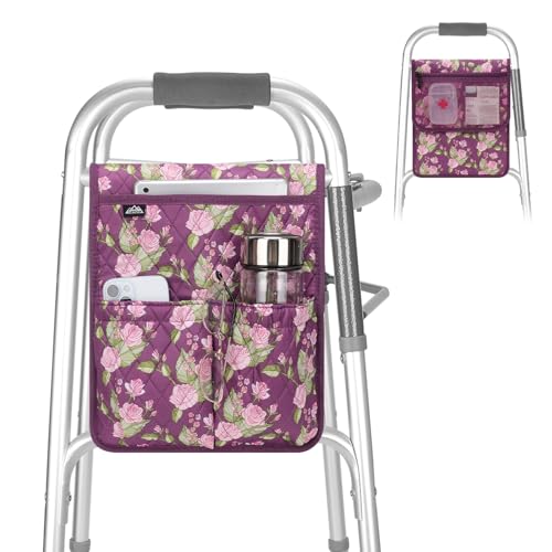 supregear Walker Bag, Lightweight Storage Pouch for Rollators, Wheelchairs and Bedside Rails, Universal Caddy Organizer with Multiple Pockets, Easy Attach, Floral Purple - color: Floral Purple