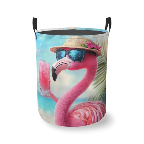 Flamingo Juice Beach Laundry Basket With Handles Tote Bag Oxford Cloth Funny Laundry Hamper Clothes Storage Bucket Toy Organizer 16" X 20.8"For Bathroom/Laundry/Bedroom - color: Flamingo Juice Beach