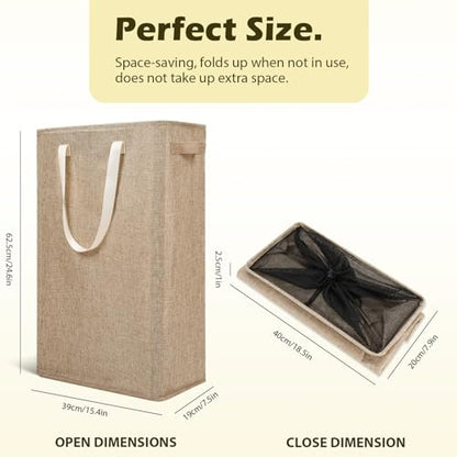 Odonata Slim Laundry Hamper Handles Collapsible Laundry Basket Thin Dirty Clothes Basket Narrow Laundry Bag Foldable Dirty Hamper 45L (Light Khaki) - color: Light Khaki