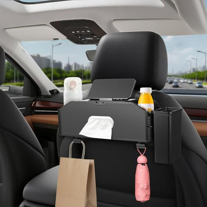 7-In-1 Car Seat Back Organizer with Cup Holders, Tissue Box, Removable Trash Can & Hooks, Multifunctional Car Seat Back Storage Box, Extra Headrest Cup Holder for Backseat (Black02) - color: Black02