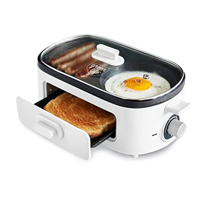 GreenLife 3-in-1 Breakfast Maker Station, Healthy Ceramic Nonstick Dual Griddles for Eggs Meat Sausage Bacon Pancakes and Breakfast Sandwiches, 2 Slice Toast Drawer, Easy-to-use Timer, White - color: White
