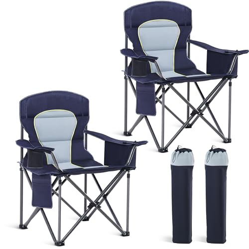 HIGH POINT SPORTS Oversized Camping Folding Chair, Heavy Duty Portable Outdoor Chair, Foldable Camp Chair with Cup Holder and Cooler Bag Support 450 LBS, 2 Pack, Dark Blue - color: Dark Blue, size: Twin Pack