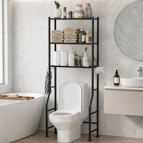 GloTika 3-Tier Over Toilet Storage with Anti-Tilt Safety System - 150lb Total Capacity Metal Bathroom Shelves Including Paper Holder & 4 Hooks, Space Saving Above Commode Organizer (64" H, Black) - color: Black, size: 3-Tier