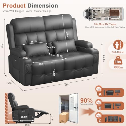Power RV Loveseat Recliner Sofa, Reclining Loveseats Couch for RV Furniture, Home Theater Seating with Heat Massage, USB, Insert Pockets, Cup Holders, 150° Wall Hugger RV Recliners Sleeper Sofas - color: Dark Gray, size: Loveseat-G1-Power