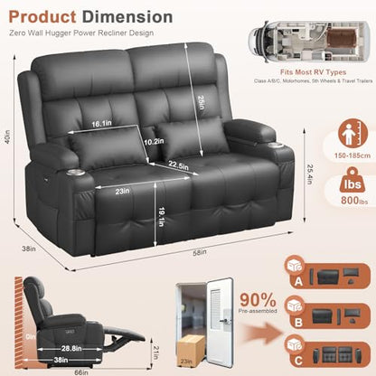 Power RV Loveseat Recliner Sofa, Reclining Loveseats Couch for RV Furniture, Home Theater Seating with Heat Massage, USB, Insert Pockets, Cup Holders, 150° Wall Hugger RV Recliners Sleeper Sofas - color: Dark Gray, size: Loveseat-G1-Power