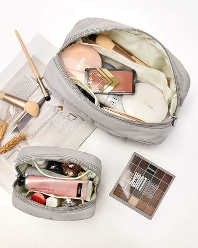 oscaurt 2 Pcs Makeup Bag Travel Toiletry Bag for Women Puffy Padded Cosmetic Pouch Purse Wide-open Makeup Organizer Case Travel Essentials - color: Camel-Set