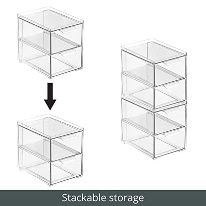 mDesign Stackable Storage Containers Box with 2 Pull-Out Drawers - Stacking Plastic Drawer Bins for Master or Guest Bathroom, Linen Closet, Vanity, Makeup Table Lumiere Collection 4 Pack, Clear - size: 8 x 6 x 7(Pack of 4)