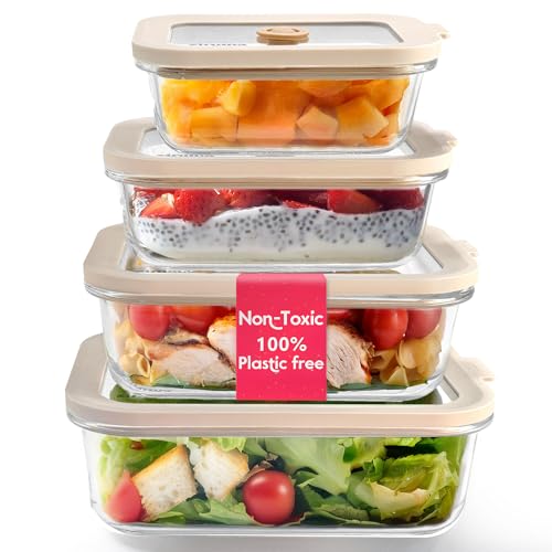 Ziruma Non-Toxic Glass Food Containers with Lids, 4-Pack, Multi-Size, Beige | Plastic & BPA free. Glass body, glass lid & platinum silicone seal. Airtight & leakproof. Freezer & microwave safe. - size: Multi-Size