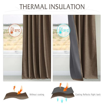 RYB HOME Brown 100% Blackout Linen Curtains 72 inch Long, Thermal Insulated & Privacy Assurd Drapes for Bedroom/Office/Nursery, Rod Pocket & Back Tab Window Treatment, W52 X L72, 2 Panels - color: Brown, size: 52"W x 72"L (Pack of 2)