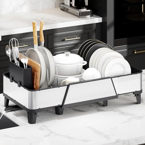 Urackify Large Dish Drying Rack - Triple Expandable Dish Rack for Kitchen Counter, Stainless Steel Sink Organization and Storage Essentials with Utensil & Pans Holder for Home and Appartment, Black - color: Black