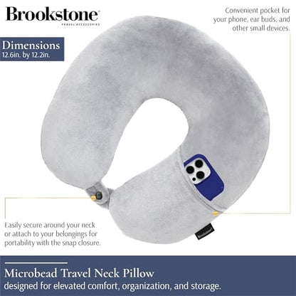 Brookstone Microbead Neck Pillow - Super Soft Cozy Lightweight Plush Travel Pillow with Phone or Headphone Pocket, Grey - color: Grey