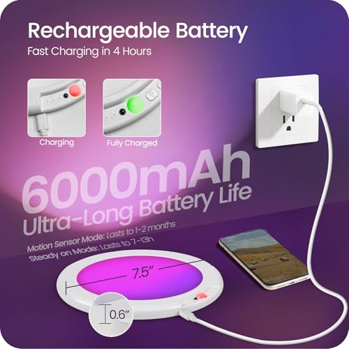 Motion Sensor Rechargeable Shower Light for Inside Shower with Remote, RGBW Battery Operated Ceiling Light, Wireless, Color-Changing Ambient Light, Warm-to-Cool Whites, Dimmable, Timer, Magnetic - style: RGB Color & White