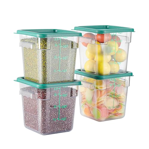 EGGKITPO 4 Pack 4 QT Food Storage Containers with Green Lids Hot Cold Resistant Stackable Square Commercial Container Set with Handle, Clear Scarle Home Party Business BPA-Free Polycarbonate - color: Green Lids, size: 4.0 QT
