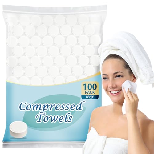 AIDEA Compressed Towels, Mini Portable Face Towels Disposable, 100pcs Disposable Washcloths for Travel, Facial Cleansing, Home and Outdoor Activities