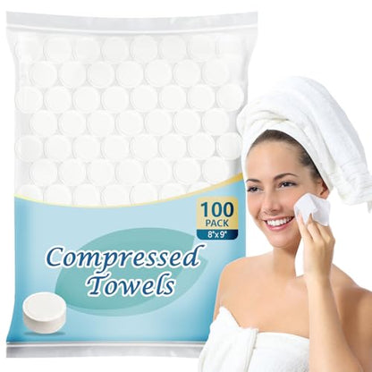 AIDEA Compressed Towels, Mini Portable Face Towels Disposable, 100pcs Disposable Washcloths for Travel, Facial Cleansing, Home and Outdoor Activities