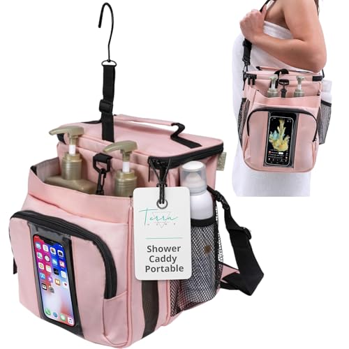 TERRA HOME XL Portable Shower Caddy Bag for Girls with Extra Storage, Durable Mesh Bottom, Shoulder Strap, Keychain Holder Shower Caddy Case for College Dorms - Travel Vacation Essentials (Blush Pink) - color: Pink