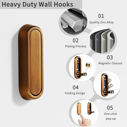 4PCS Foldable Wall Hooks, Flip Down Design with 40 lbs Heavy-Duty Capacity, Retractable Wall Hooks for Bathroom, Bedroom & Entryway Space Saving (Bronze) - color: Bronze, size: 4 Hooks