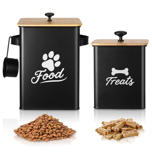 Dog Treat Container Set of 2, Dog Food Storage Containers with Airtight Lids, Metal dog treat jars for Kitchen Countertop, Pet Cookie Canister to Keep Treats Fresh, 9.4''×7.1''×9.6", Black - size: 9.4*9.6&5.9*7.1
