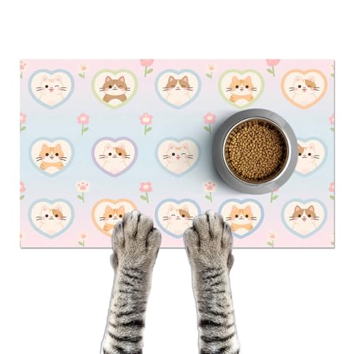 HOMETITUTE Cat Food Mat Pastel Heart Kitten Print, Non-Slip Elegant Pet Bowl Placemat for Indoor Cats, 20" x 12" - color: colorful1
