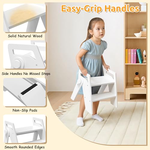 Wooden 2 Step Stool for Toddler Kids Bathroom Foldable 2-Step for Toilet Potty Training, Child Stepping Stool for Kitchen Nursery Bedroom,White - color: White