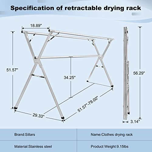 Sarahipe Sillars Clothes Drying Rack, 79 inches Laundry Drying Rack Clothing Foldable & Collapsible Stainless Steel Heavy Duty Clothing Drying Rack with Windproof Hooks for Indoor Outdoor - size: 79"
