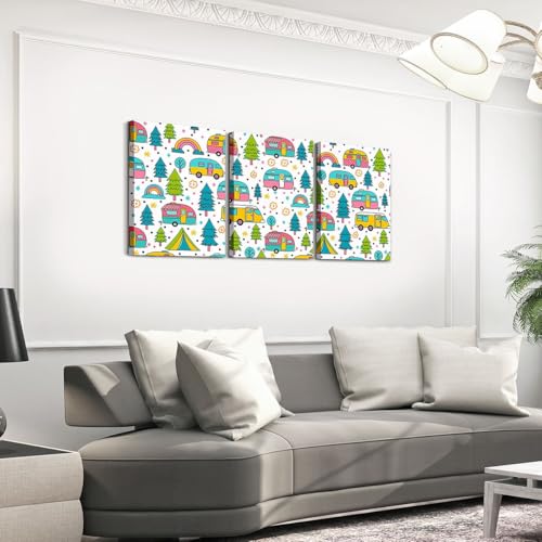 Erosebridal Cartoon Camper Rv Framed Wall Decor Happy Camping Canvas Wall Art For Bedroom Bathroom Forest Camp Adventure Paintings Posters 3 Piece 12"X16" Colorful Pine Trees Pictures Prints - color: White Teal Pink Green Yellow
